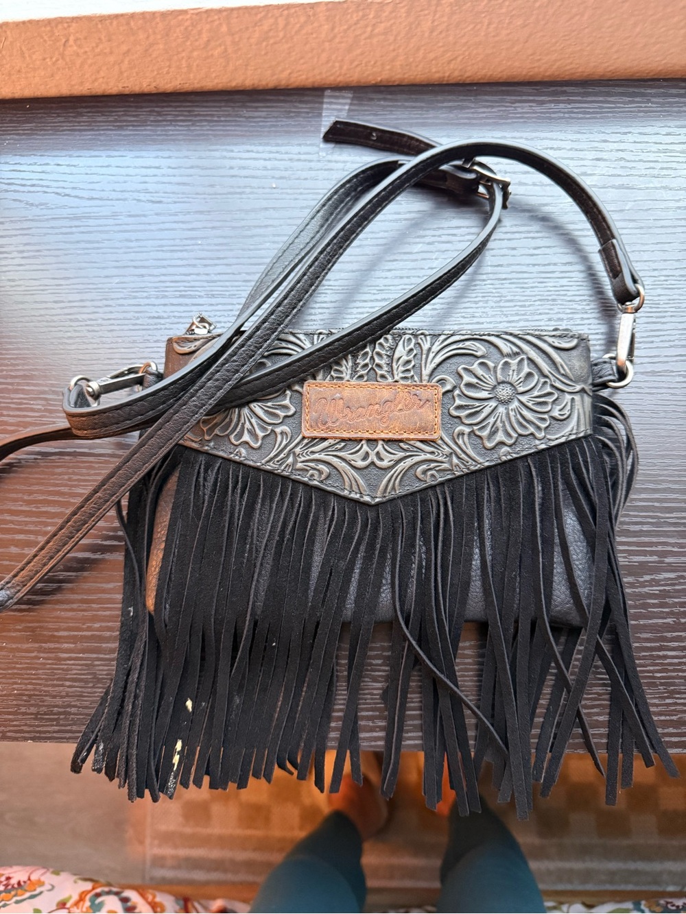 Fringe Wrangler Crossbody Bag with Fringe Detail - Black